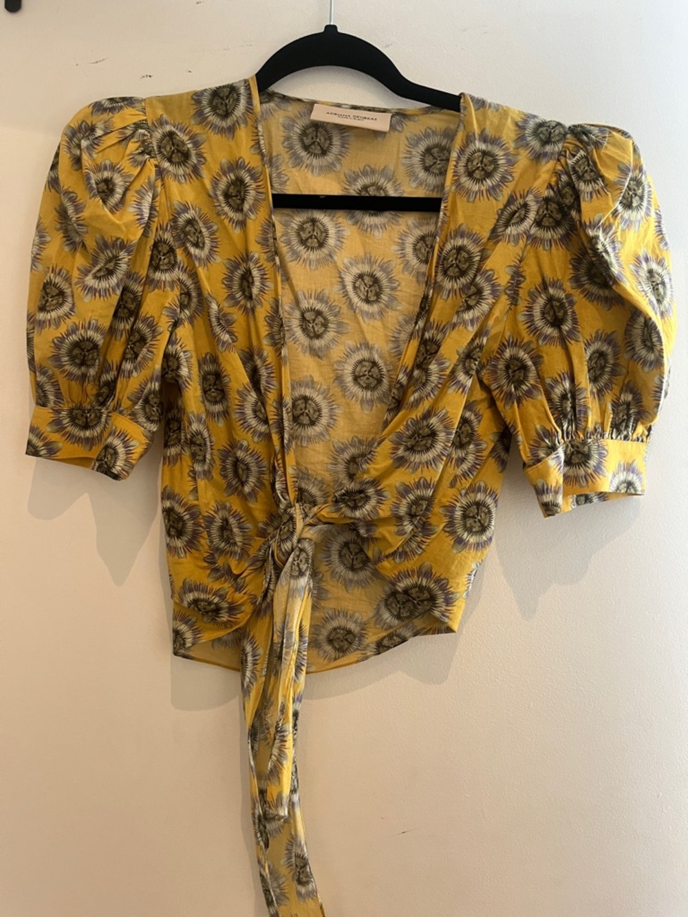 Tie-Front Puff Sleeve Floral Top - Mustard Yellow